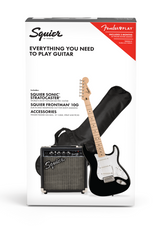 Set di chitarra elettrica nera Fender Squier Sonic Stratocaster con amplificatore, custodia, tracolla e plettri inclusi