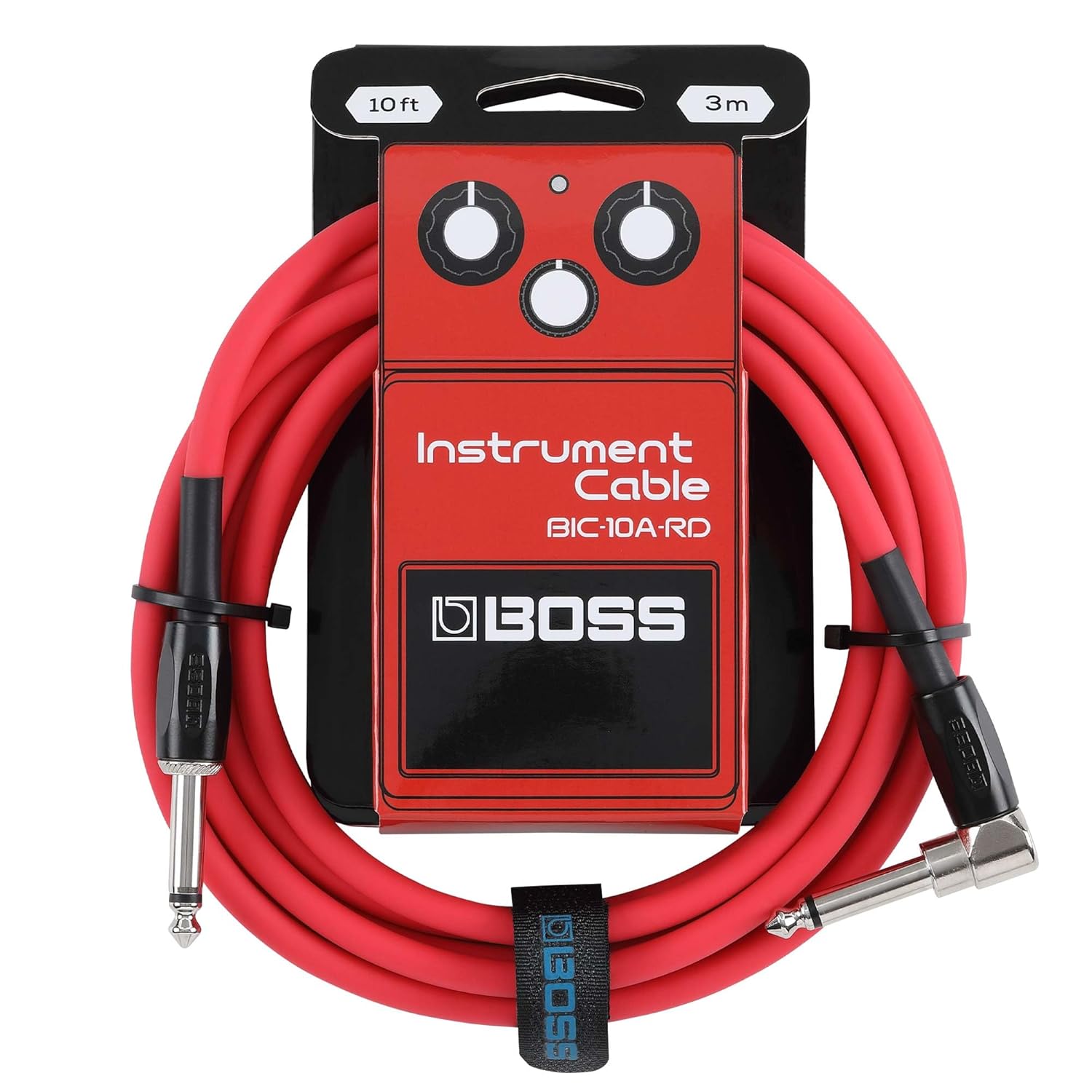 Cavo jack angolato BOSS da 3 metri, colore rosso, per chitarra e basso, con connettori di alta qualità e design accattivante