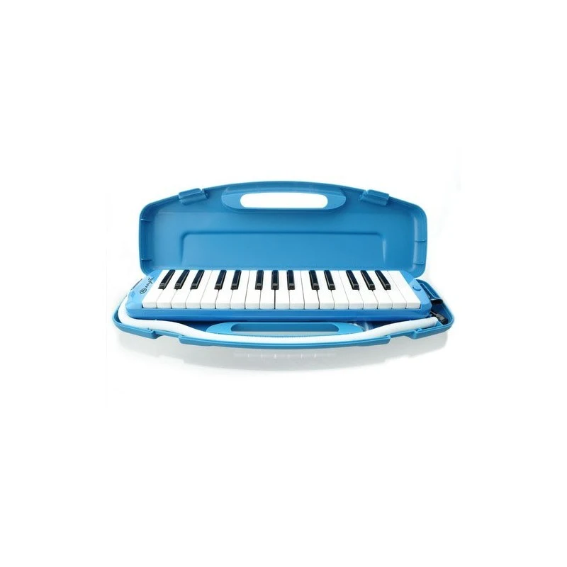 Melodica scolastica azzurra con 32 tasti, tonalità FA, astuccio antiurto e accessori inclusi, ideale per le scuole