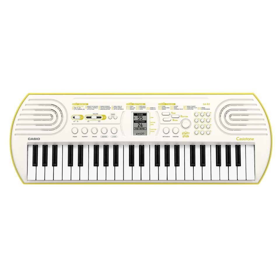 Tastiera Casio Sa-80 visuale dall'alto. Bianca e giallo limone.
