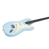 Chitarra Eko ST-300 Daphne Blue, design Strat, corpo in pioppo, manico in acero, tre pickup single-coil e controlli vari