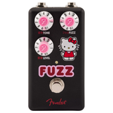 Pedale fuzz nero Fender x Hello Kitty con manopole rosa, offre toni grintosi e un design audace per musicisti creativi