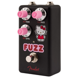 Pedale fuzz Fender x Hello Kitty in finitura nera, con manopole rosa e grafica giocosa, ideale per toni unici e divertenti