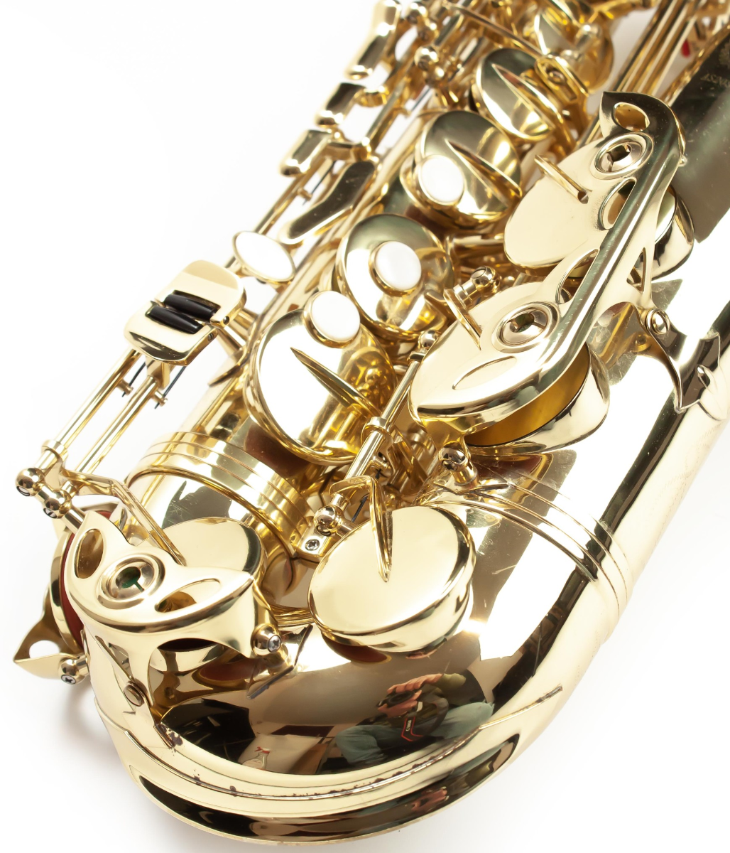 Sassofono contralto in Mib, finitura oro, con risonatori metallici e accessori per un trasporto facile