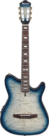 Chitarra semiacustica Ibanez FRH20QMN in Cosmic Blue, con corpo modified FR hollow e top in acero marezzato