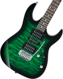 IBANEZ GIO GRX70QA TEB Transparent Emerald Burst Chitarra Elettrica potenziometro battipenna uscita jack ponte e sellette corpo body pickup perno pulsante cinghia
