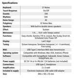 Caratteristiche scheda tecnica FK 370: tastiera elettronica compatta con 37 tasti, 200 suoni, metronomo e funzioni di lezione. Perfetta per musicisti