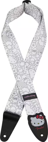 Tracolla Fender® x Hello Kitty® bianca in poliestere, 5 cm di larghezza, con estremità in pelle personalizzate e grafica Hello Kitty
