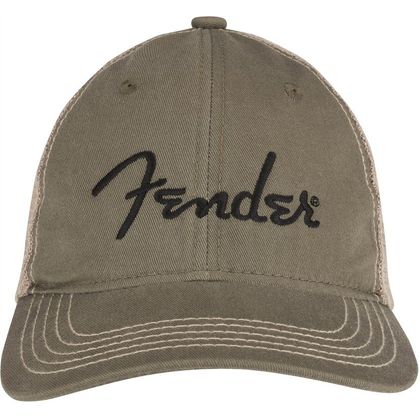 Fender Embroidered Logo Soft Mesh Snap Back Hat Olive/Khaki Cappello verde