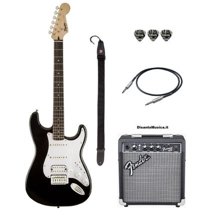 FENDER Bullet Stratocaster HSS black con tremolo Bundle Chitarra elettrica nera + amplificatore 10W + Tracolla + cavo + plettri omaggio