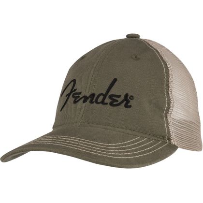 Fender Embroidered Logo Soft Mesh Snap Back Hat Olive/Khaki Cappello verde