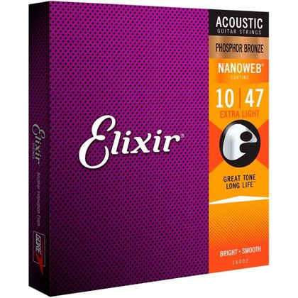 Elixir 16002 Nanoweb Phosphor Bronze Muta di corde per chitarra acustica Extra Light 010-047
