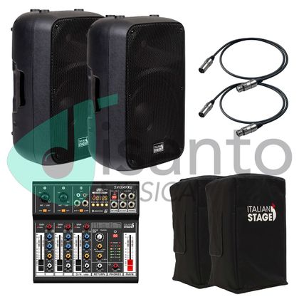 Italian Stage Impianto Audio 300W casse attive SPX10A + Mixer 2MIX4FXU + cover + cavi omaggio