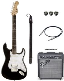 FENDER Bullet Stratocaster HSS black con tremolo Bundle Chitarra elettrica nera + amplificatore 10W + Tracolla + cavo + plettri omaggio