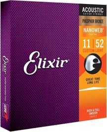 Elixir 16027 Nanoweb Phosphor Bronze Muta di corde per chitarra acustica Custom Light 011-052