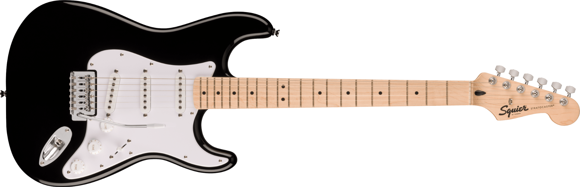 Chitarra elettrica nera Fender Squier Sonic Stratocaster con amplificatore Frontman, custodia, tracolla e plettri