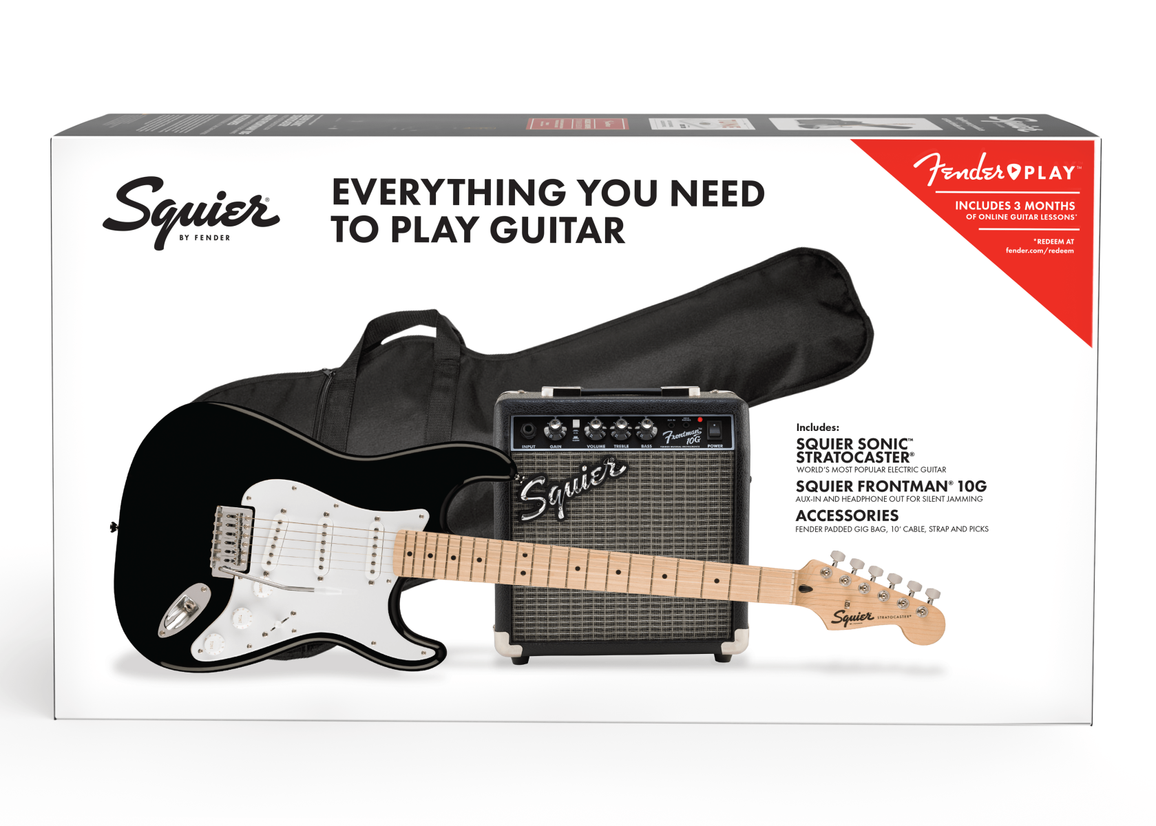 Set completo Fender Squier Sonic Stratocaster nera con amplificatore, custodia, tracolla e plettri per musicisti