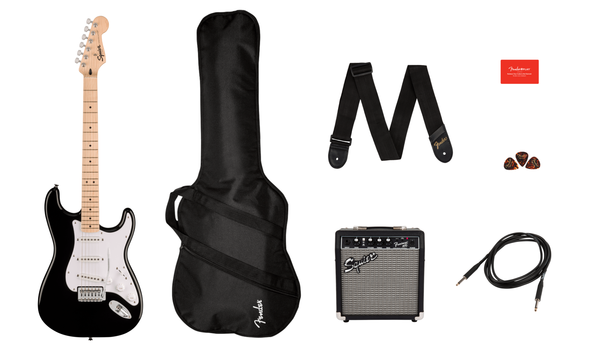 Pack Fender Squier Sonic Stratocaster nera con amplificatore, custodia, tracolla e plettri per musicisti principianti