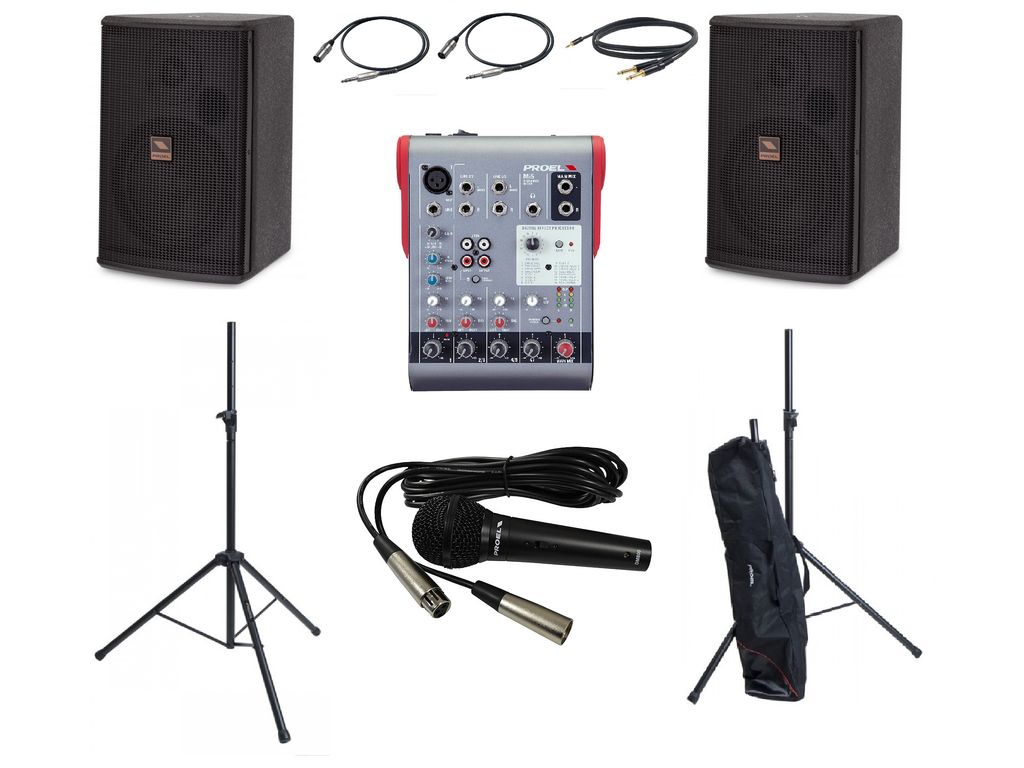 Impianto audio completo 300W Proel LT6A + mixer Proel + microfono + accessori