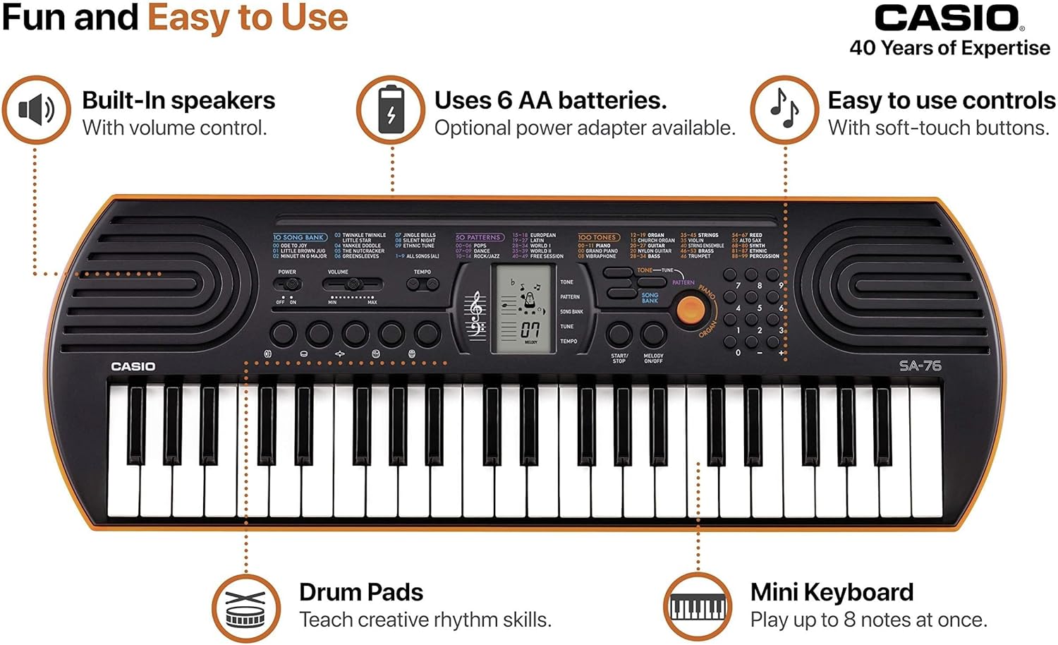Nuove tastiere Casio SA-80 e SA-81, 44 tasti, polifonia a 8 voci, display LCD, manopola per cambio suono, colori distintivi