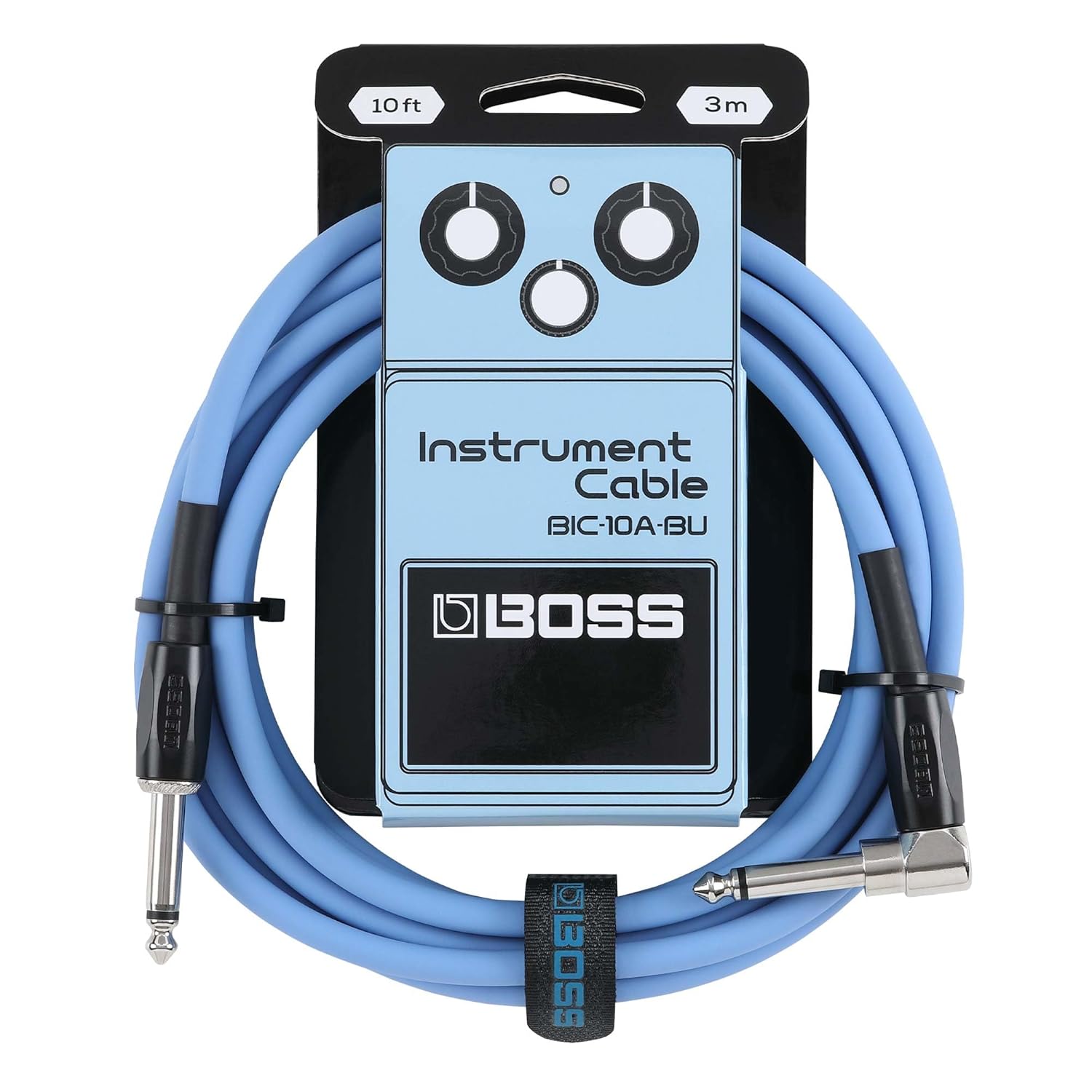 Cavo jack angolato BOSS da 3 metri, colore blu, per chitarra e basso, con connettori di alta qualità e design accattivante