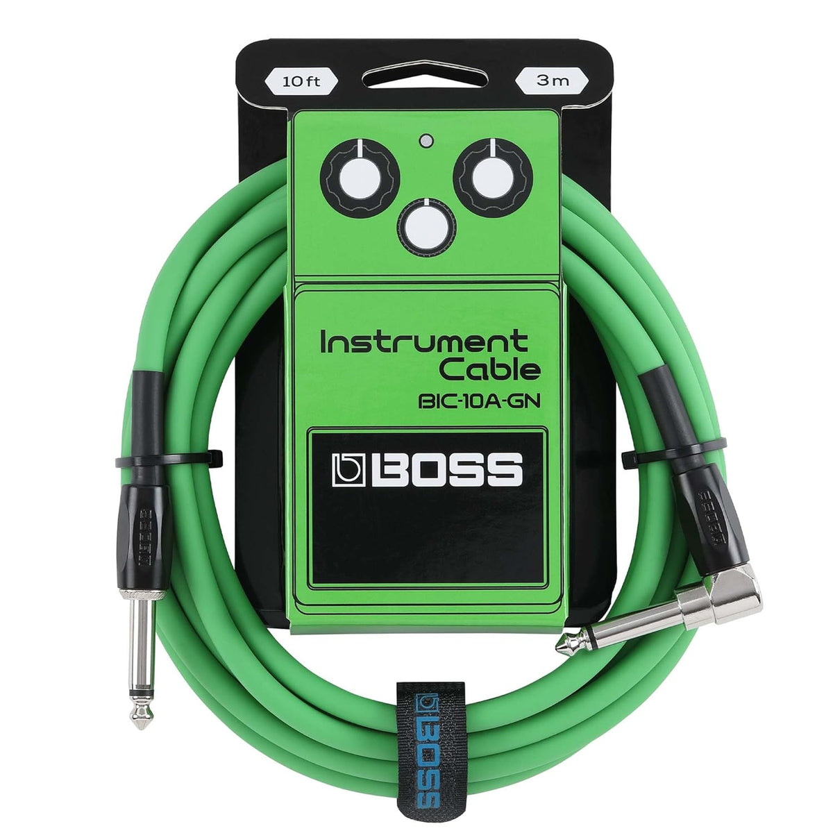 Cavo jack angolato BOSS da 3 metri, colore verde, per chitarra e basso, con connettori di alta qualità e design accattivante