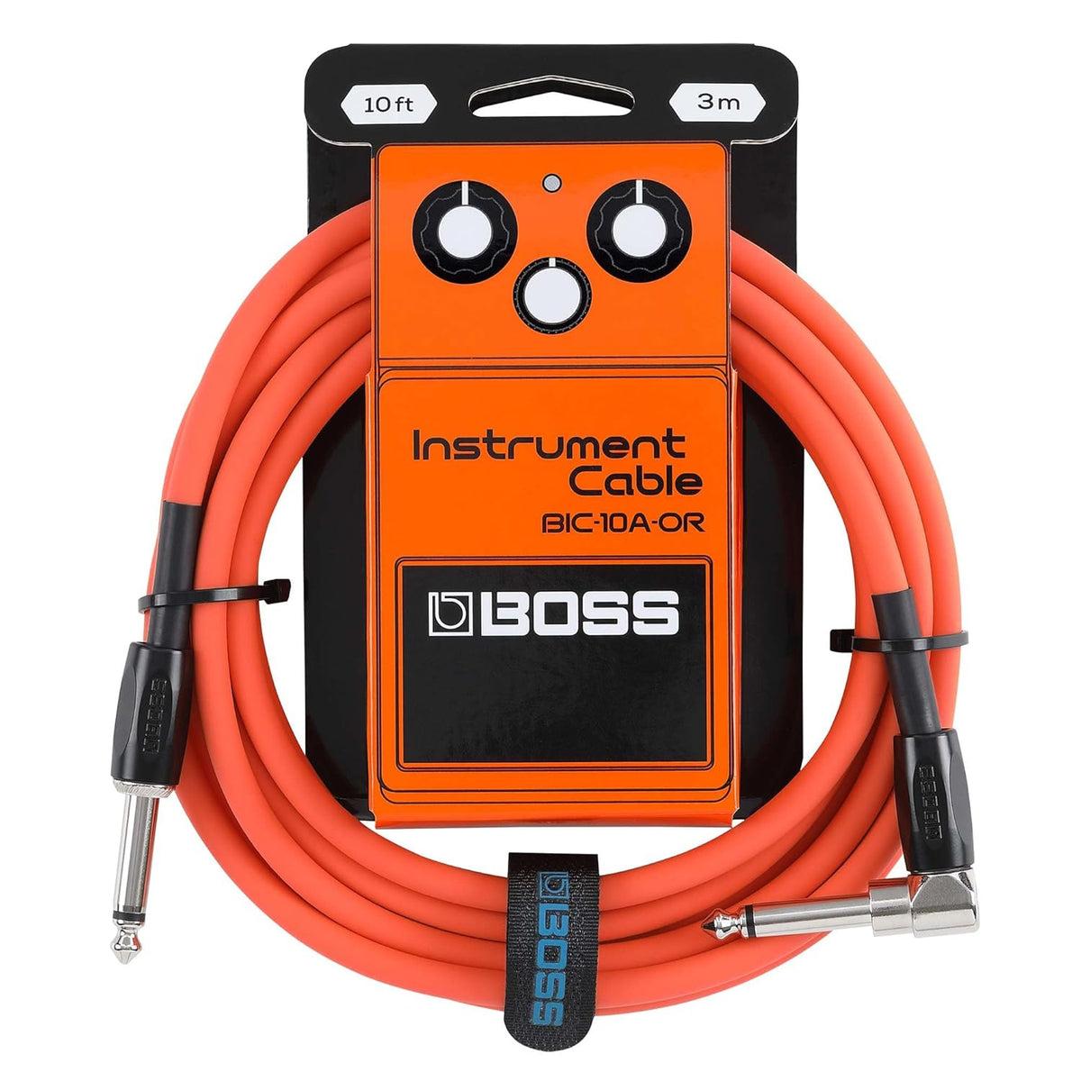 Cavo jack angolato BOSS da 3 metri, colore arancione, per chitarra e basso, con connettori di alta qualità e design accattivante