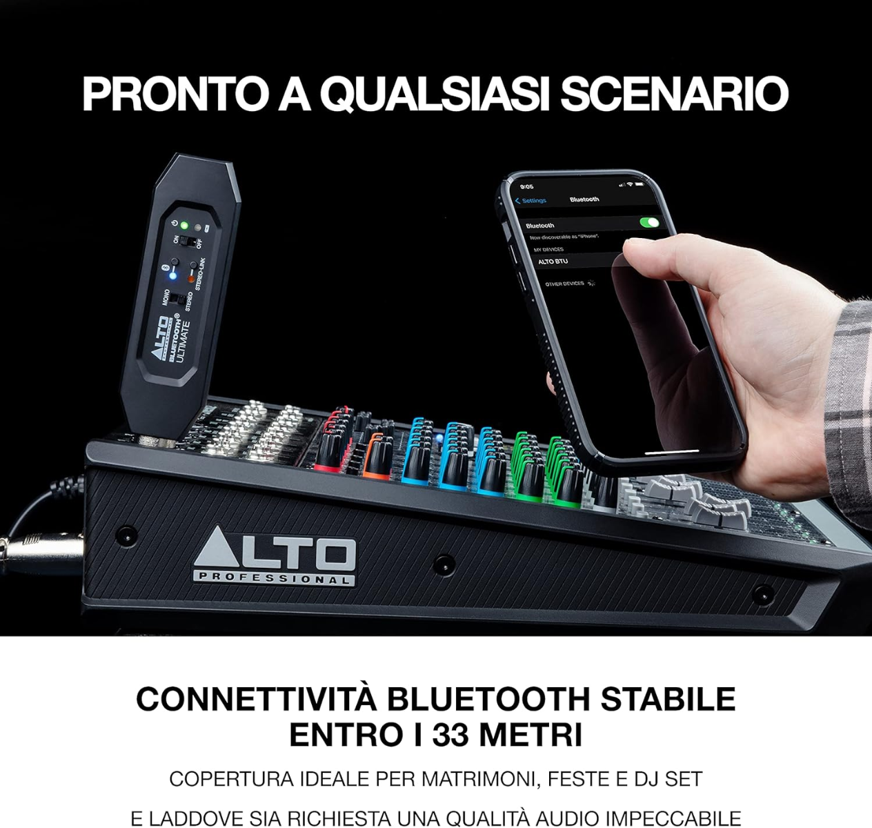 Sistema di ricezione Bluetooth Stereo, 2 uscite XLR-M, 6 ore di autonomia, raggio d'azione di 30m, compatibile con dispositivi audio IOS e Android