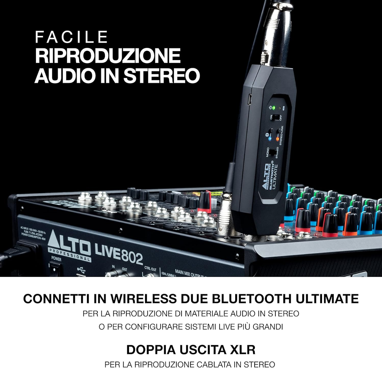 Ricevitore Bluetooth stereo ricaricabile con 2 uscite XLR, si accoppia facilmente a dispositivi Bluetooth, autonomia 6 ore.