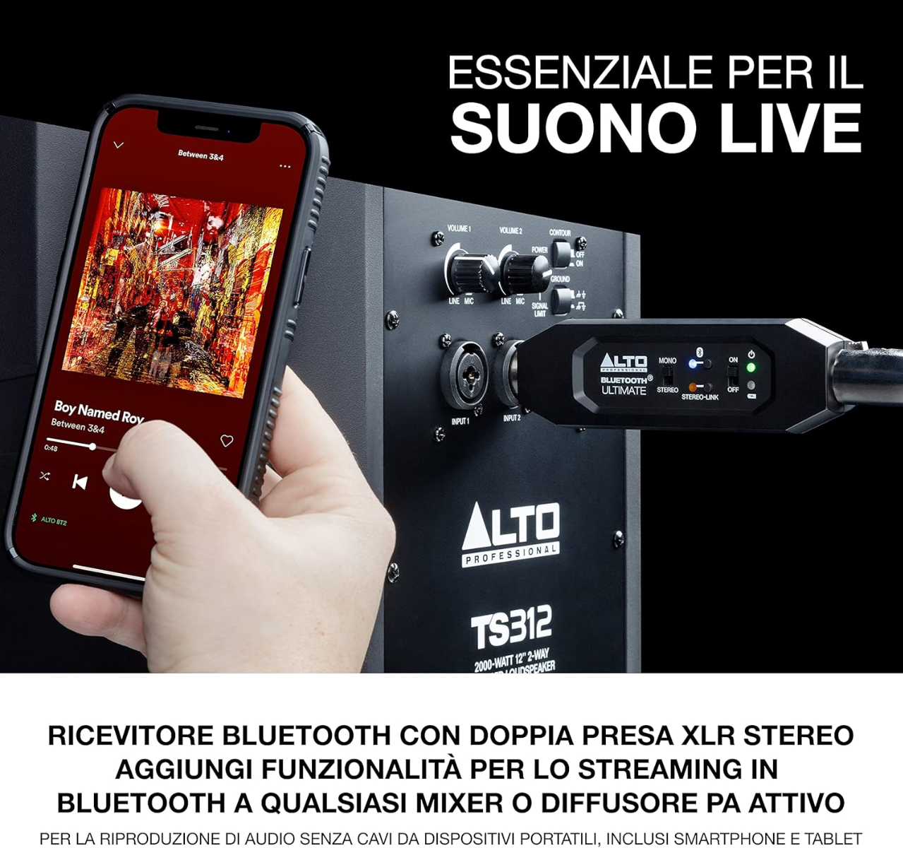 Ricevitore Bluetooth Stereo con 2 uscite XLR-M, autonomia di 6 ore, raggio d'azione di 30m, compatibile con strumenti audio connettività smartphone