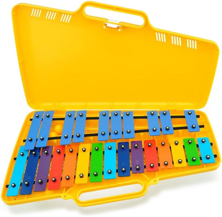 Metallofono AG25N3 cromatico Angel con 25 piastre colorate, valigetta gialla e bacchette, progettato per la sicurezza dei bambini