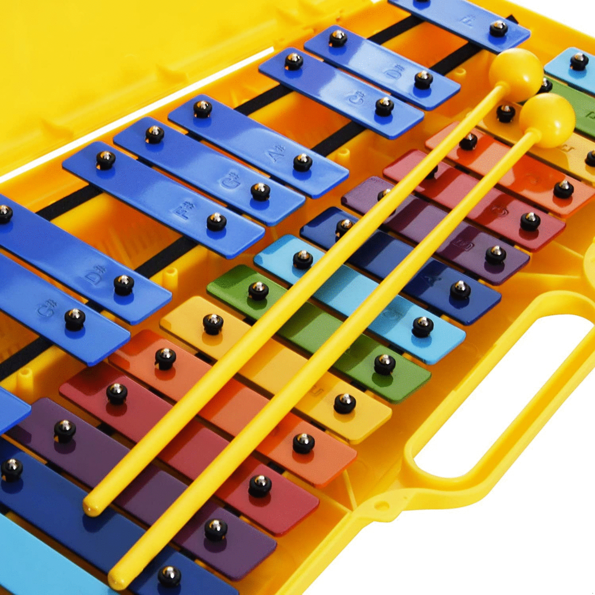 Metallofono cromatico Angel, 25 note, piastre colorate, valigetta gialla e bacchette, ideale per la sicurezza dei bambini