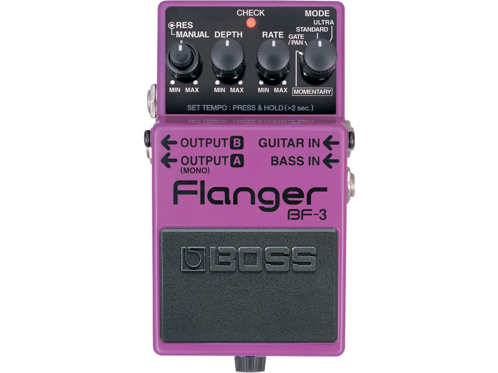 Pedale flanger BF-3 Boss con nuovi effetti Ultra e Gate/Pan, dimensioni 73x59x129 mm, peso 420 g, alimentatore non incluso