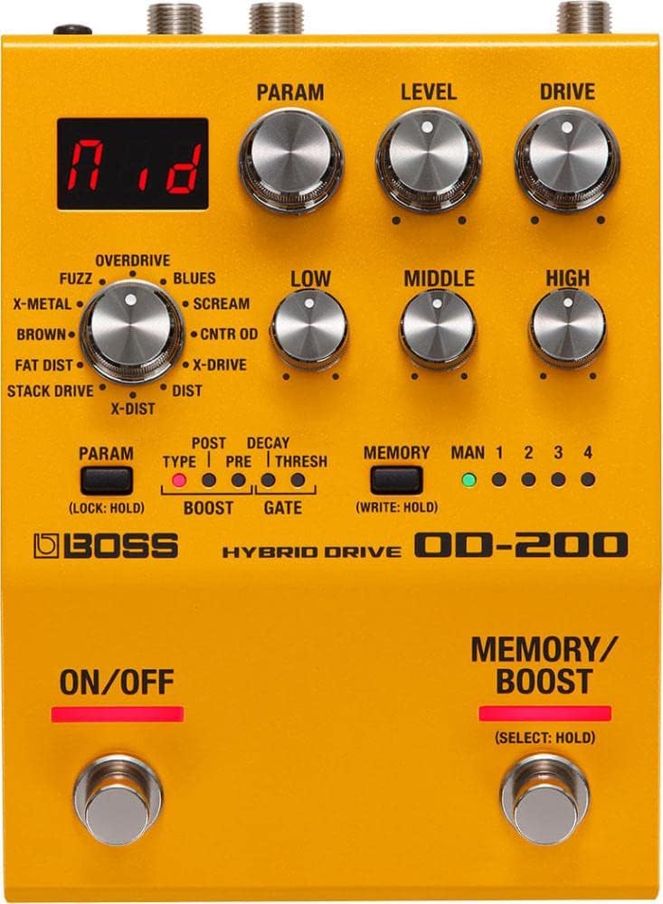 Pedale BOSS OD-200 Hybrid Drive per chitarra, offre overdrive, distorsione e fuzz con 12 modalità e EQ a tre bande