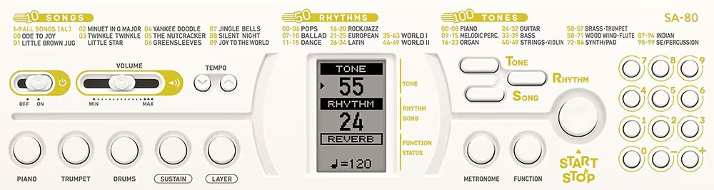 Tastiera scolastica Casio SA-80, leggera e robusta, con 100 suoni e 50 ritmi, ideale per studenti di musica in aula e a casa tasti e funzioni