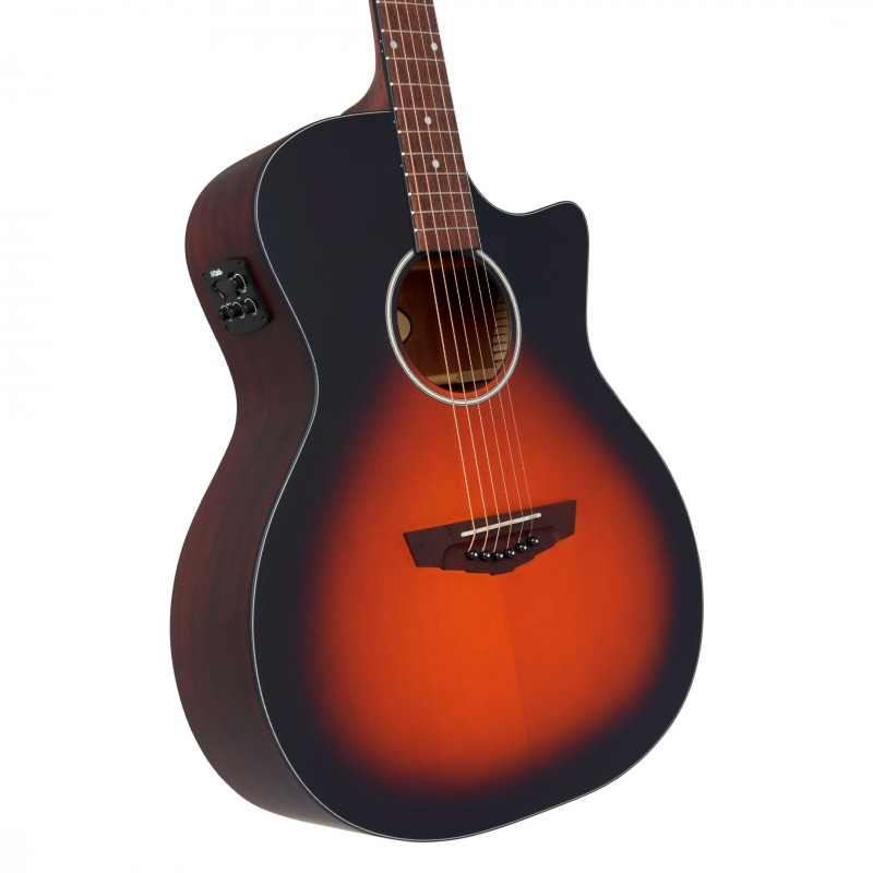 Chitarra acustica cutaway satin vintage sunburst, design ergonomico, manico in mogano, preamplificatore D'Angelico integrato