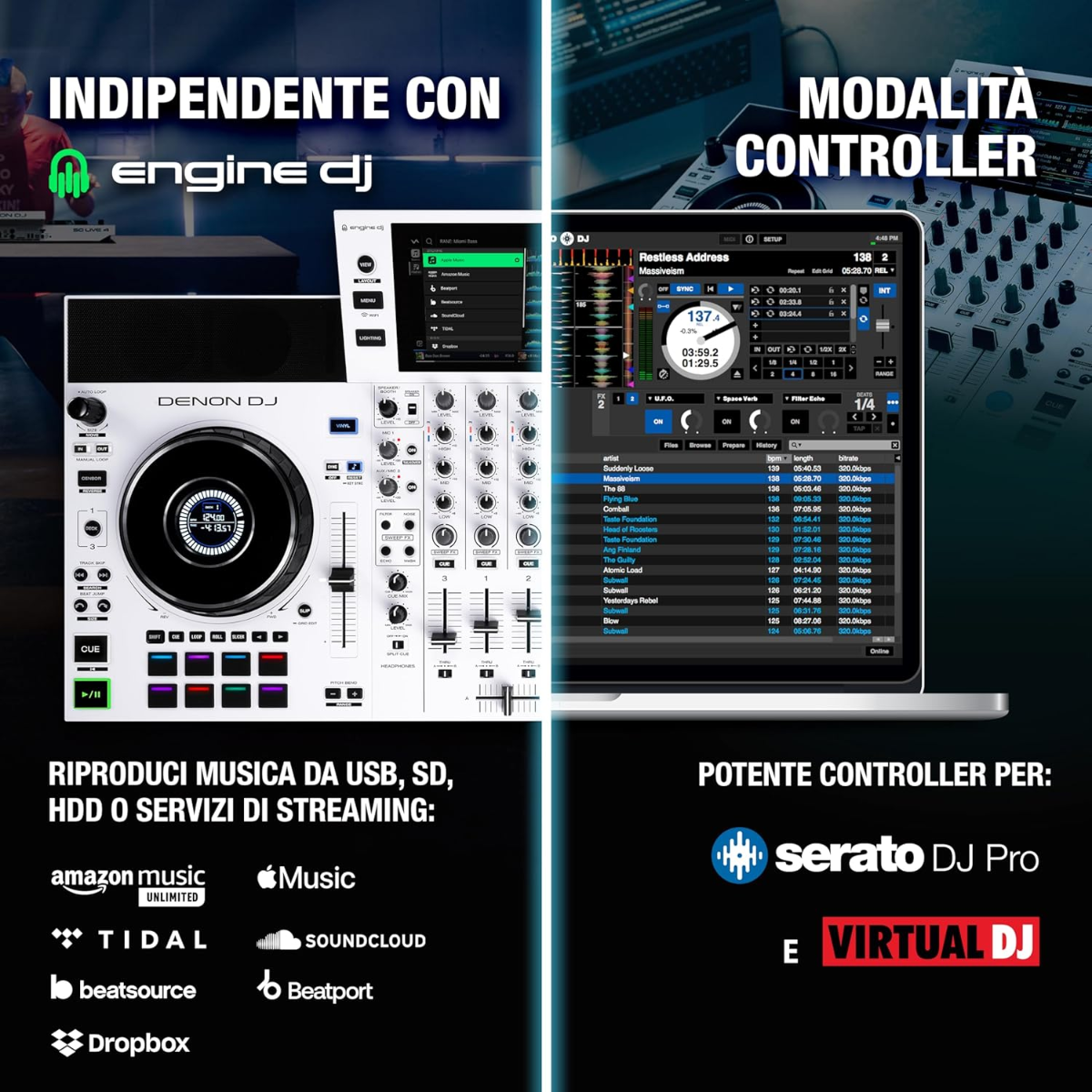 Console DJ DENON SC Live 4 bianca, audio di alta qualità, connettività Wi-Fi, ingressi microfonici e uscite complete per DJ