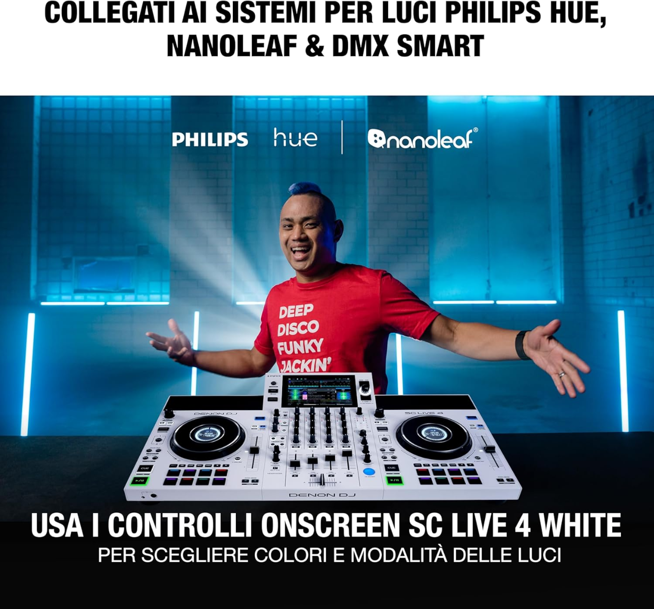 Console DJ DENON SC Live 4 bianca, progettata per performance senza laptop, con audio professionale e lettori multimediali integrati