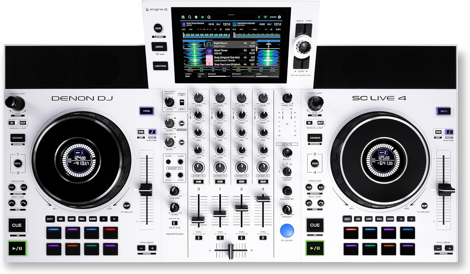 Consolle DJ SC LIVE 4 a 4 canali con display multi-touch da 7", progettata per mixaggio professionale senza computer