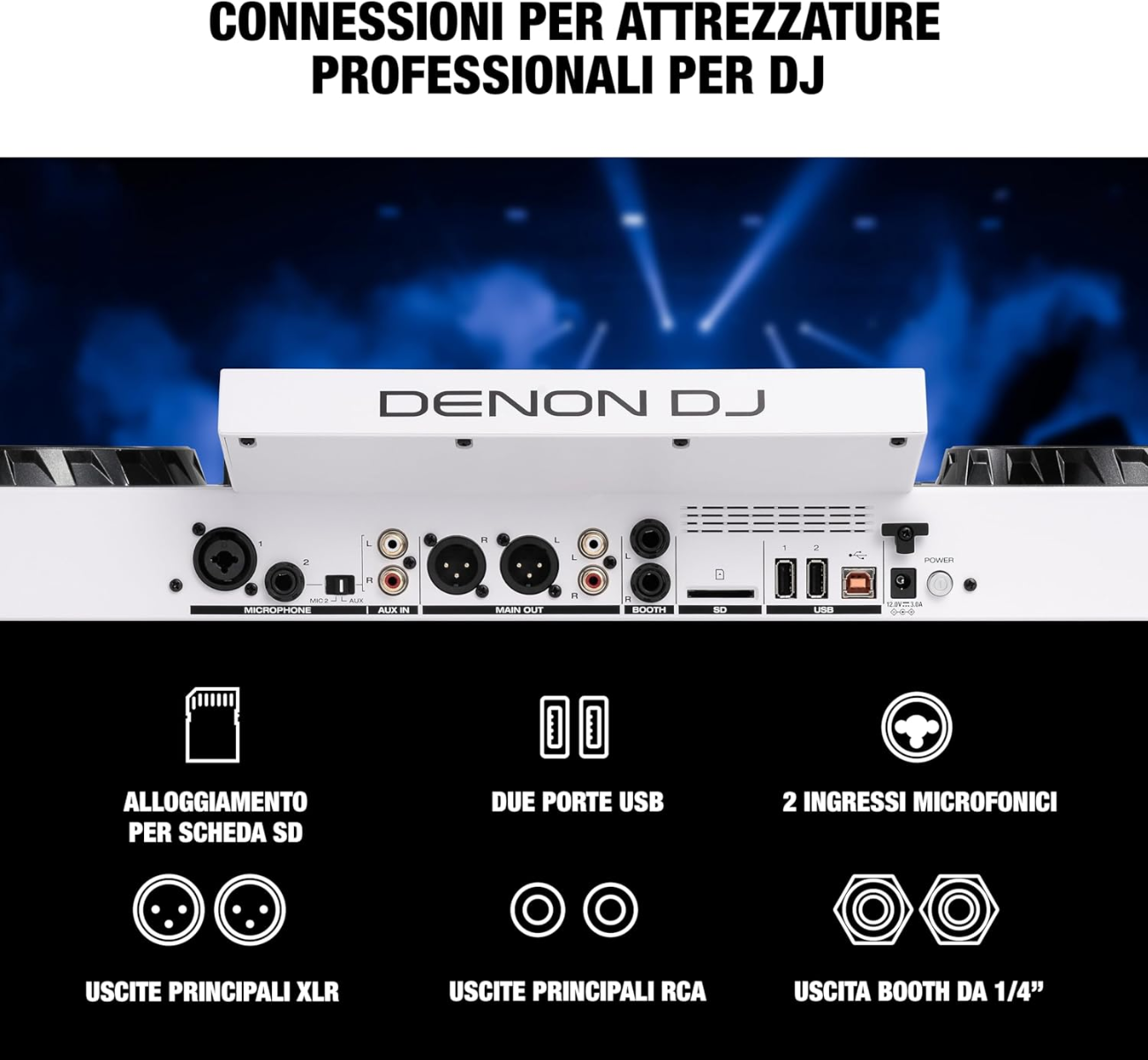 Console DJ DENON SC Live 4 bianca, audio a 24-bit, Wi-Fi, doppio ingresso microfonico e uscite master per DJ professionisti