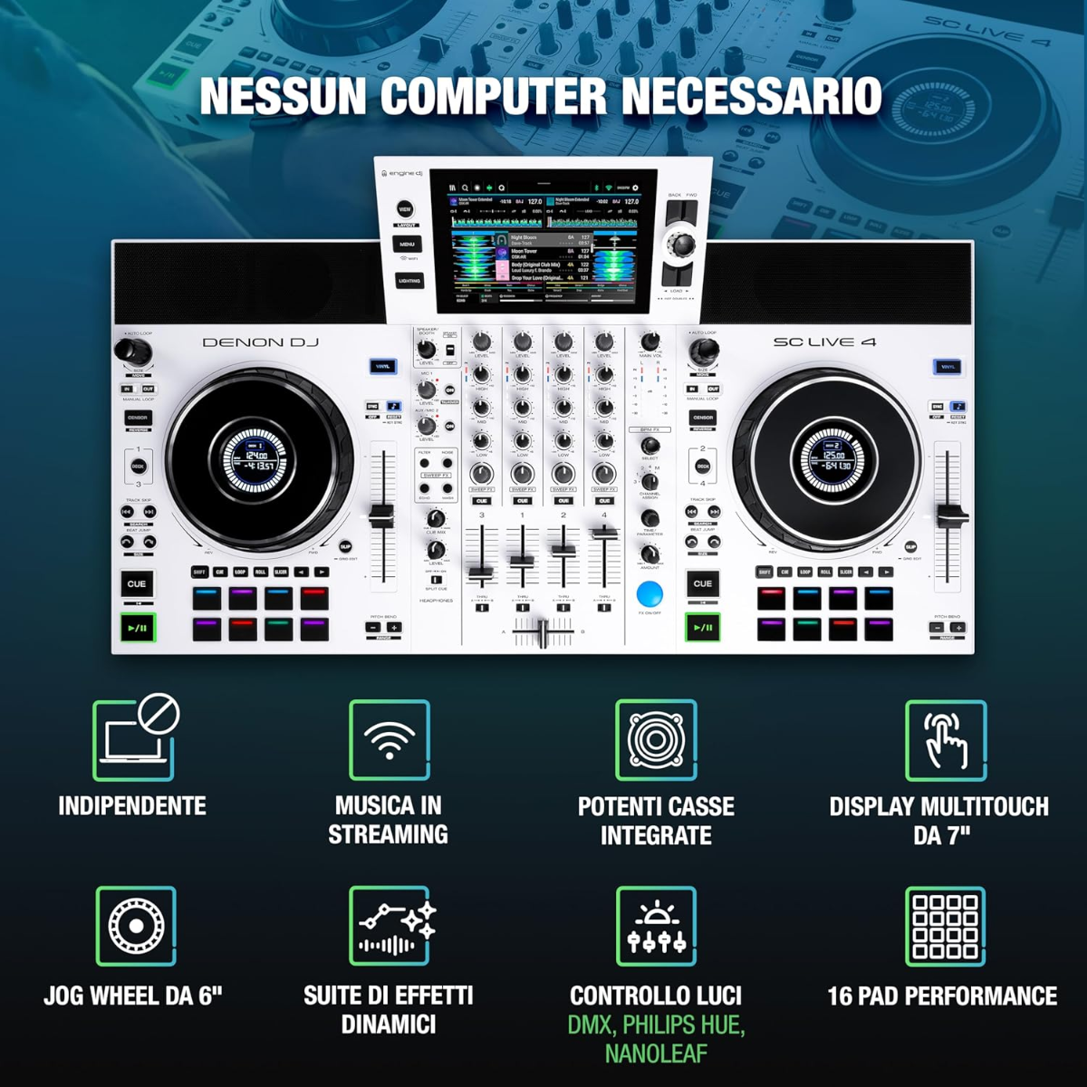 Console DJ DENON SC Live 4 bianca, audio professionale, Wi-Fi integrato, lettori multimediali e doppio ingresso microfonico