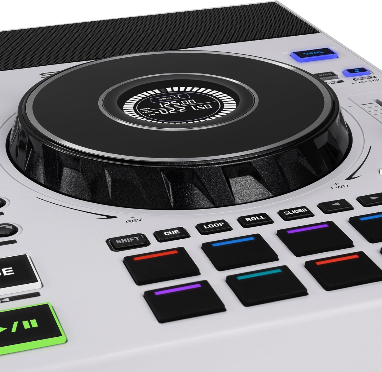 Consolle DJ SC LIVE 4 HA con funzioni avanzate, 8 pad, jog wheel, speaker integrati e design elegante per eventi