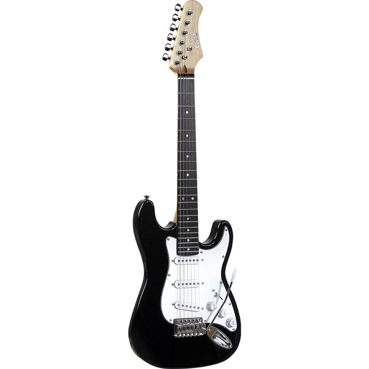 Chitarra elettrica 3/4 nera Eko ST-100, corpo in pioppo, manico in acero, 21 tasti, tre pickup single coil, ideale per principianti