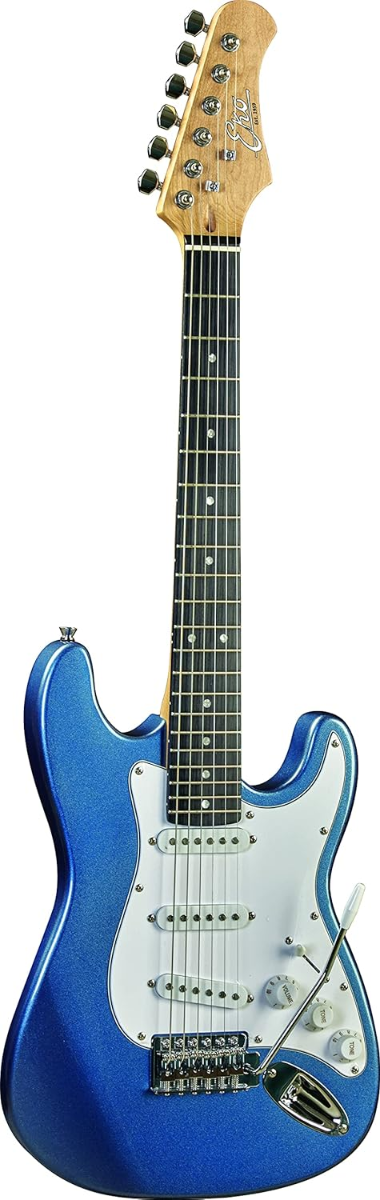Chitarra elettrica 3/4 Eko ST-100, colore blu metallico, corpo in pioppo, manico in acero, ideale per principianti