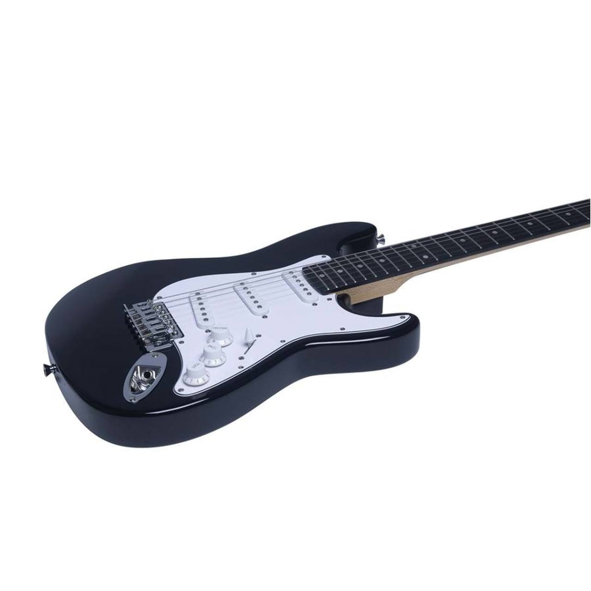 Chitarra elettrica Eko ST100 nera, corpo in pioppo, manico in acero, 3 pickup single-coil, versatile per vari generi musicali