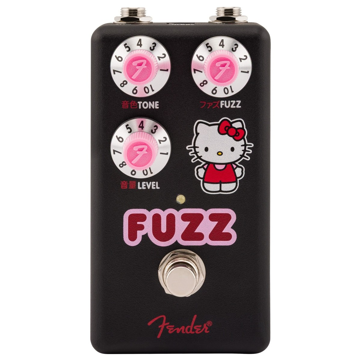 Pedale fuzz nero Fender x Hello Kitty con manopole rosa, offre toni grintosi e un design audace per musicisti creativi