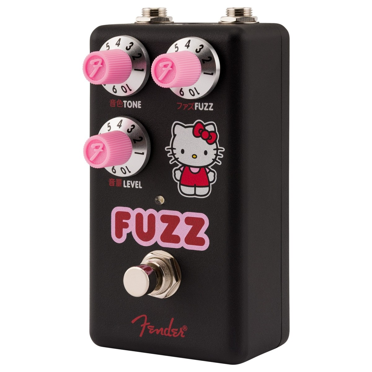 Pedale fuzz Fender x Hello Kitty in finitura nera, con manopole rosa e grafica giocosa, ideale per toni unici e divertenti