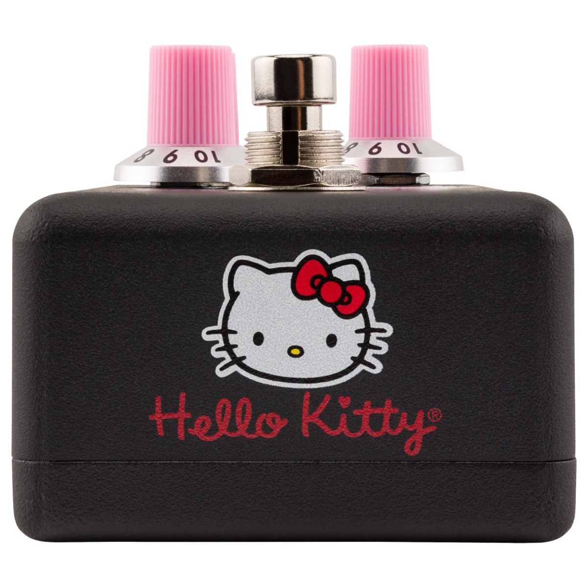 Pedale fuzz nero Fender x Hello Kitty, fronte con logo