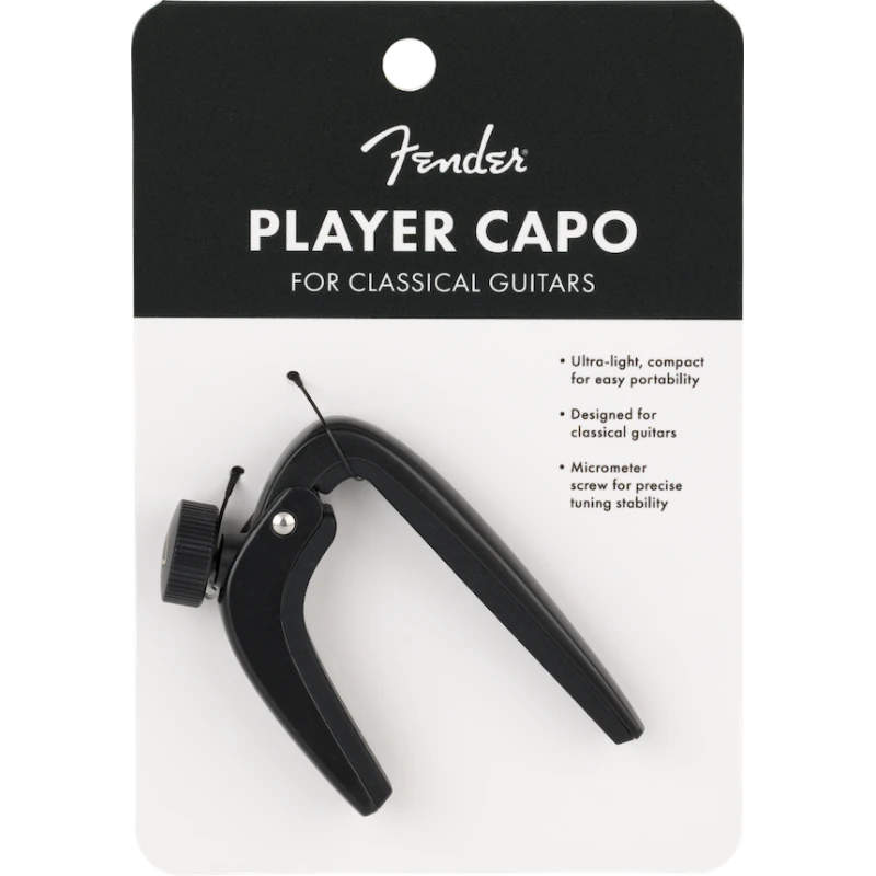Capotasto Fender Player per chitarre classiche, realizzato in lega di zinco, con regolazione facile e imbottitura protettiva