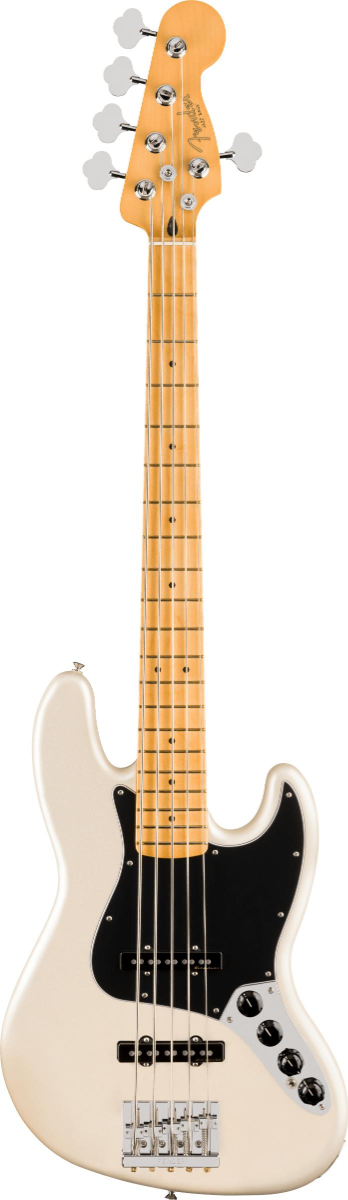 Basso elettrico 5 corde Fender Active Jazz in finitura Olympic Pearl, con corpo in ontano e manico in acero, progettato per musicisti moderni